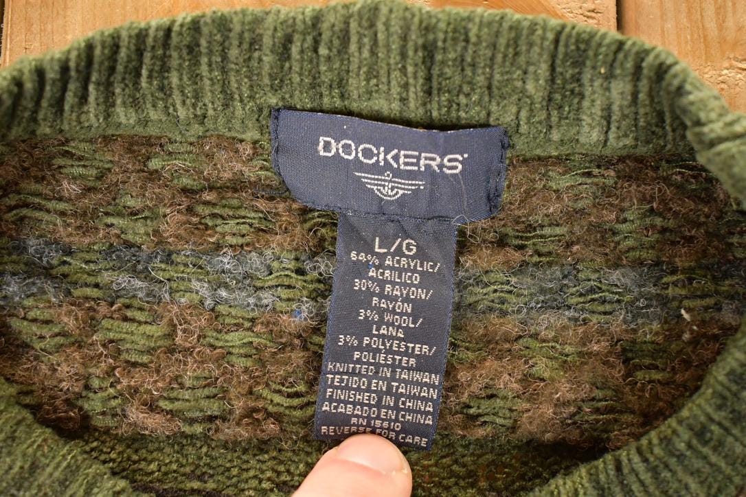 Vintage 1990s Dockers Striped Knit Crewneck Sweater Men's L / 90s Knitted Sweatshirt / Vintage Preppy Knits