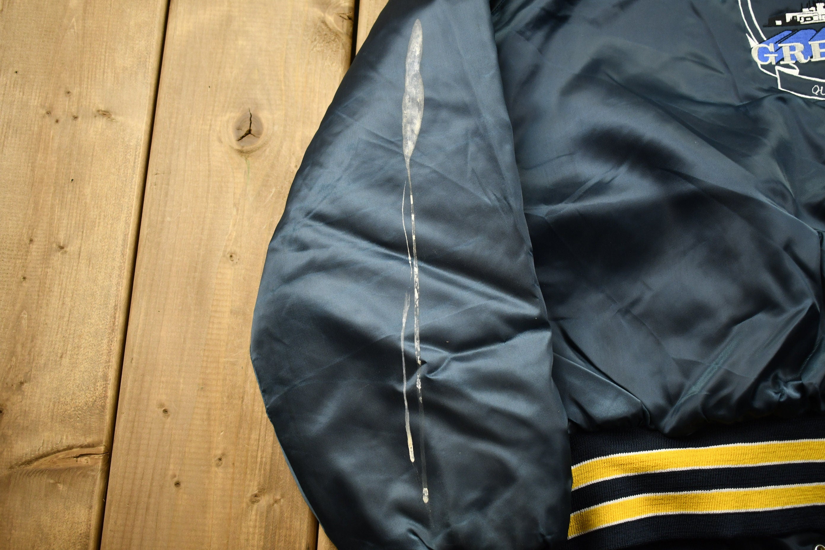 Vintage 1990s Grey Iron Holloway Satin Bomber Jacket