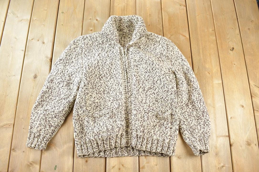 Vintage 1960s Wool Knit Abstract Pattern Zip Up Knit Sweater Mens S