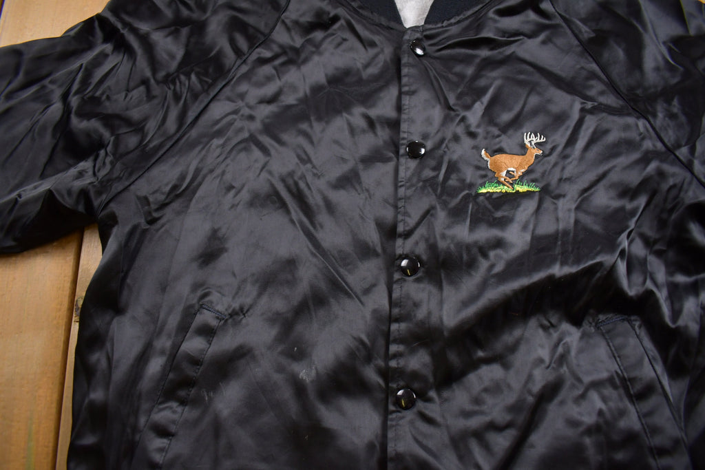 Vintage 1980s Deer Embroidered Satin Bomber Jacket