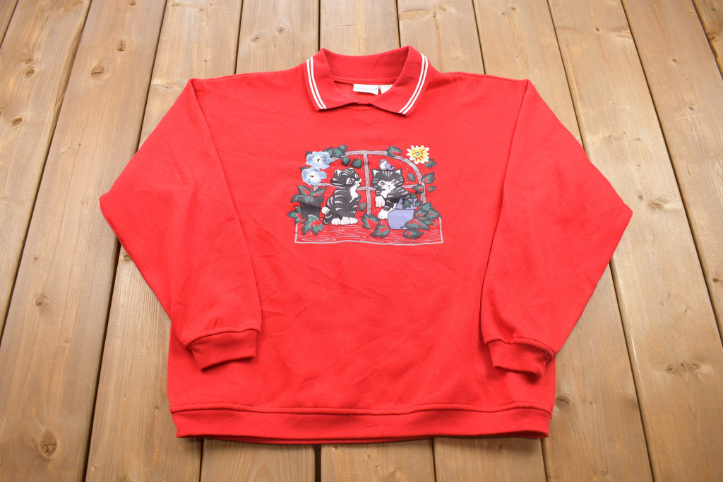 Vintage 1990s Cute Kitten Collared Crewneck Sweatshirt