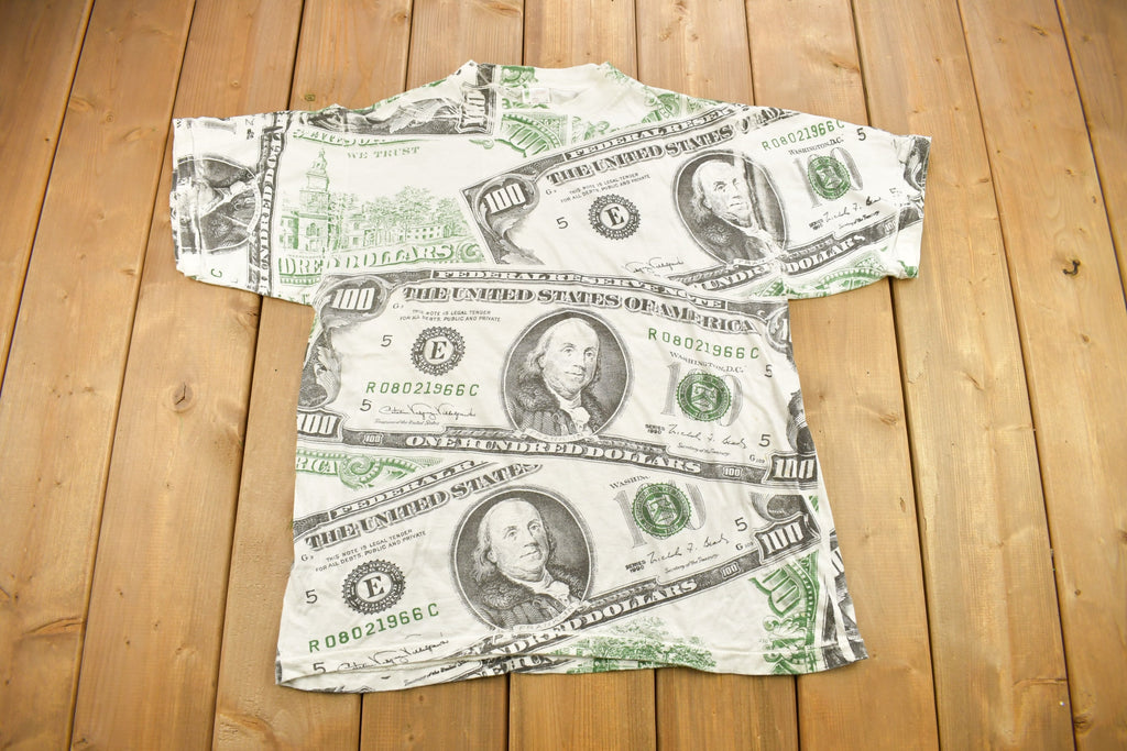 Vintage 1990 100 Dollar Bill All Over Print Graphic T Shirt