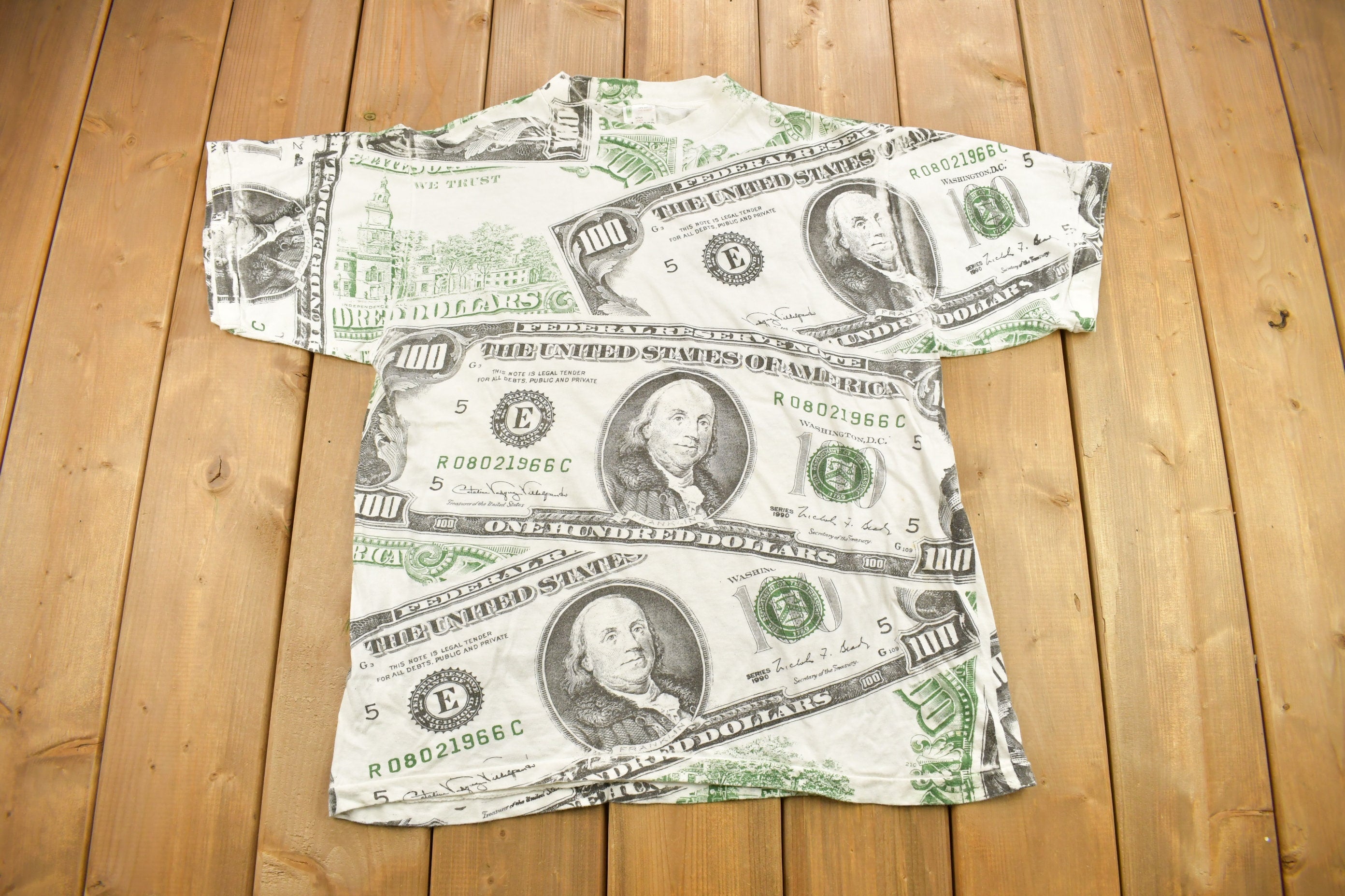 Vintage 1990 100 Dollar Bill All Over Print Graphic T Shirt