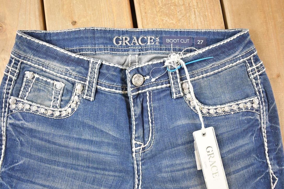 Vintage Deadstock Y2K Grace In LA Bedazzled Low Rise Jeans Women's Size 27 x 32