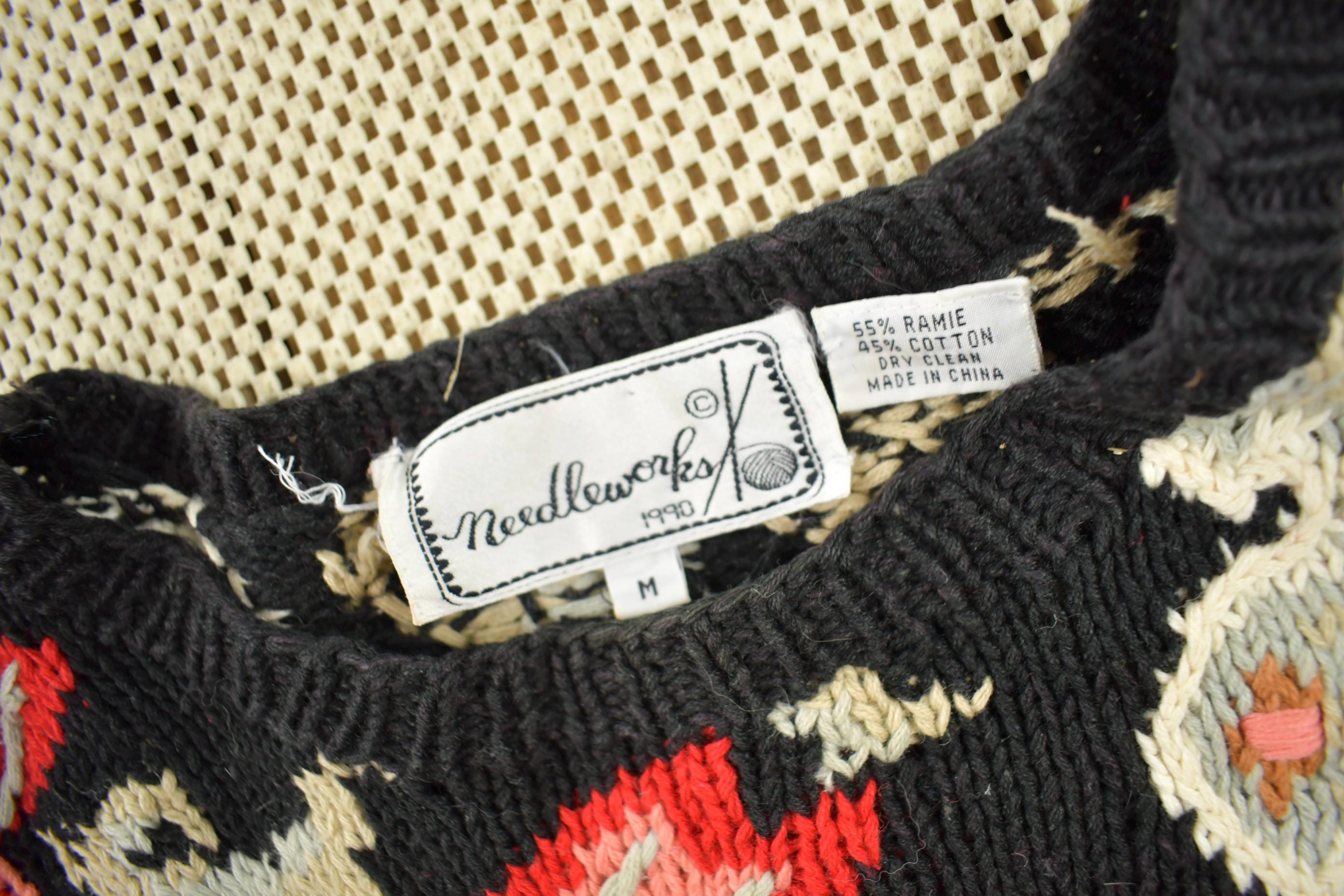 Vintage 1990s Needleworks Knit Patchwork Crewneck Sweater / Vintage 90s Crewneck / All Over Pattern Sweater / Hand Knit