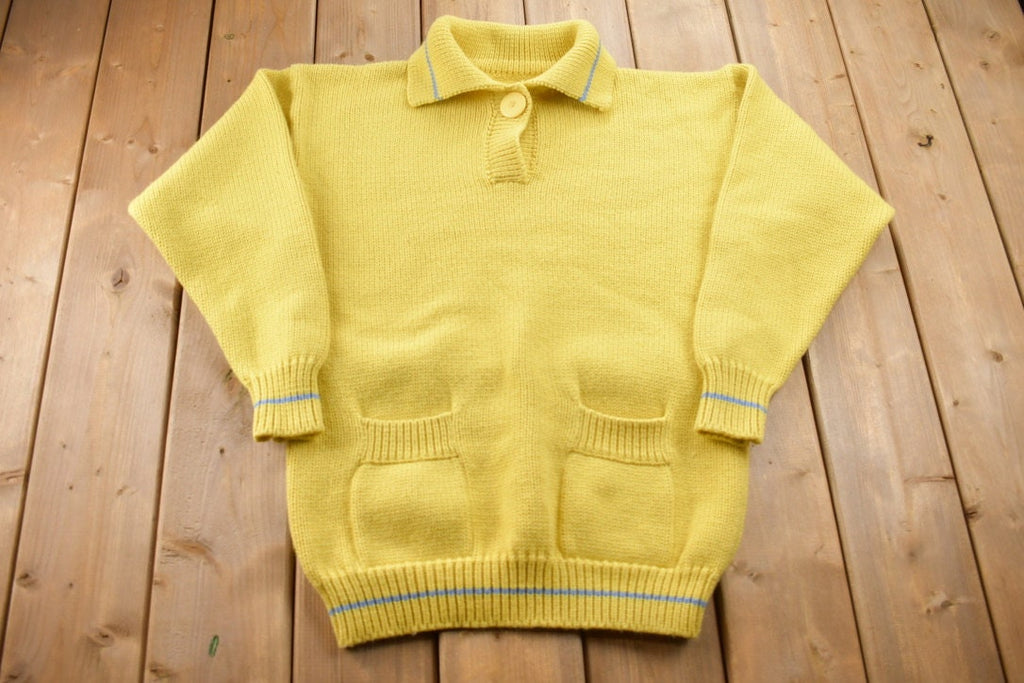 Vintage 1990s Knitted Striped Big Button Sweater / Vintage 90s Yellow Crewneck / Pattern Sweater / Outdoor / Pullover Sweatshirt