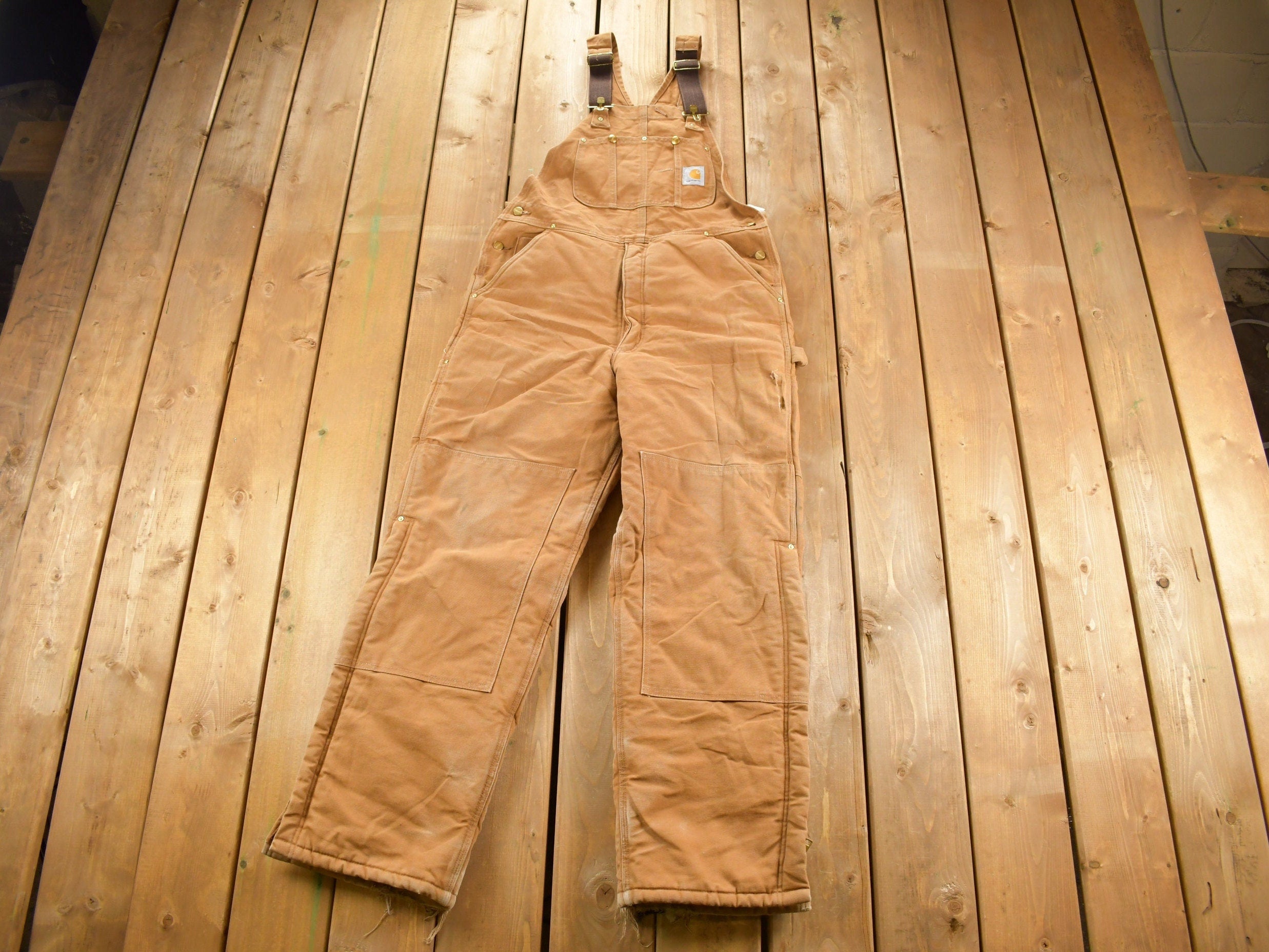 Vintage 1990s Carhartt Double Knee Quilted Canvas Overalls Size 38 x 30