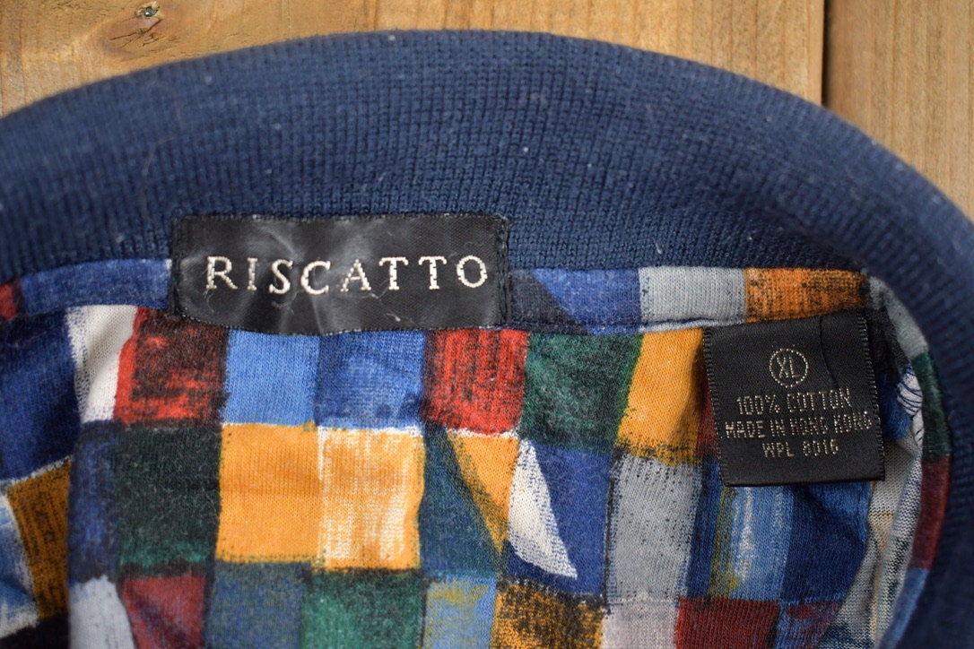 Vintage 1990s Checkered Riscatto Quarter Button Polo Shirt / Abstract Pattern / Casual Shirt / Formal Shirt / Short Sleeve Polo / Size M