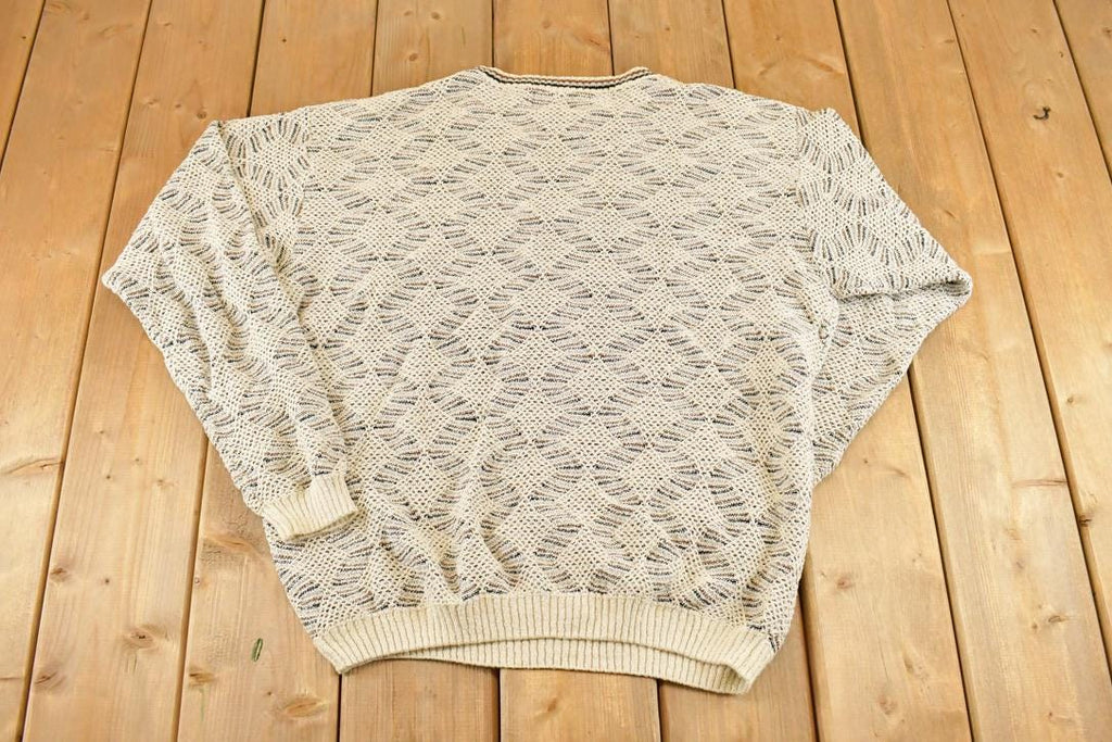 Vintage 1990s London Fog Knit Crewneck Sweater Men's L / 90's Abstract Pattern 3D Knitted Sweatshirt