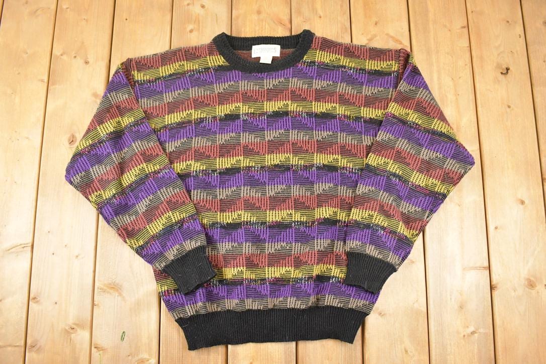Vintage 1990s Expressions Worldwide Abstract Knit Crewneck Sweater Mens L  90s Knitted Sweatshirt  Vintage Preppy Knits
