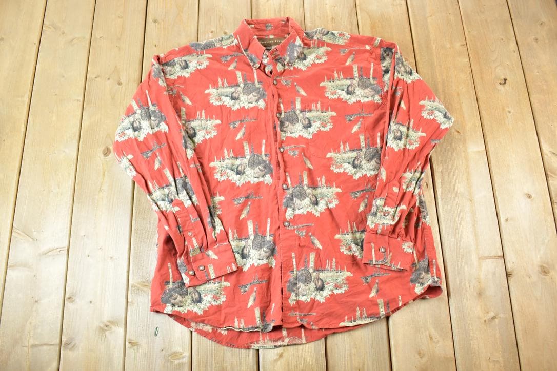 Vintage 1990s Woodland Trail AOP Pheasant Print Button Up Shirt Men's L