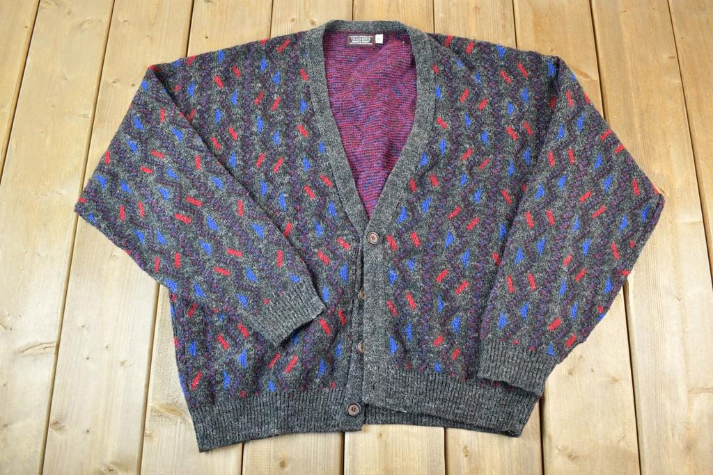 Vintage 1980s Ingrams Mens Shop Knit Abstracy Pattern Perfect Mild Distress Cardigan Sweater Made In USA