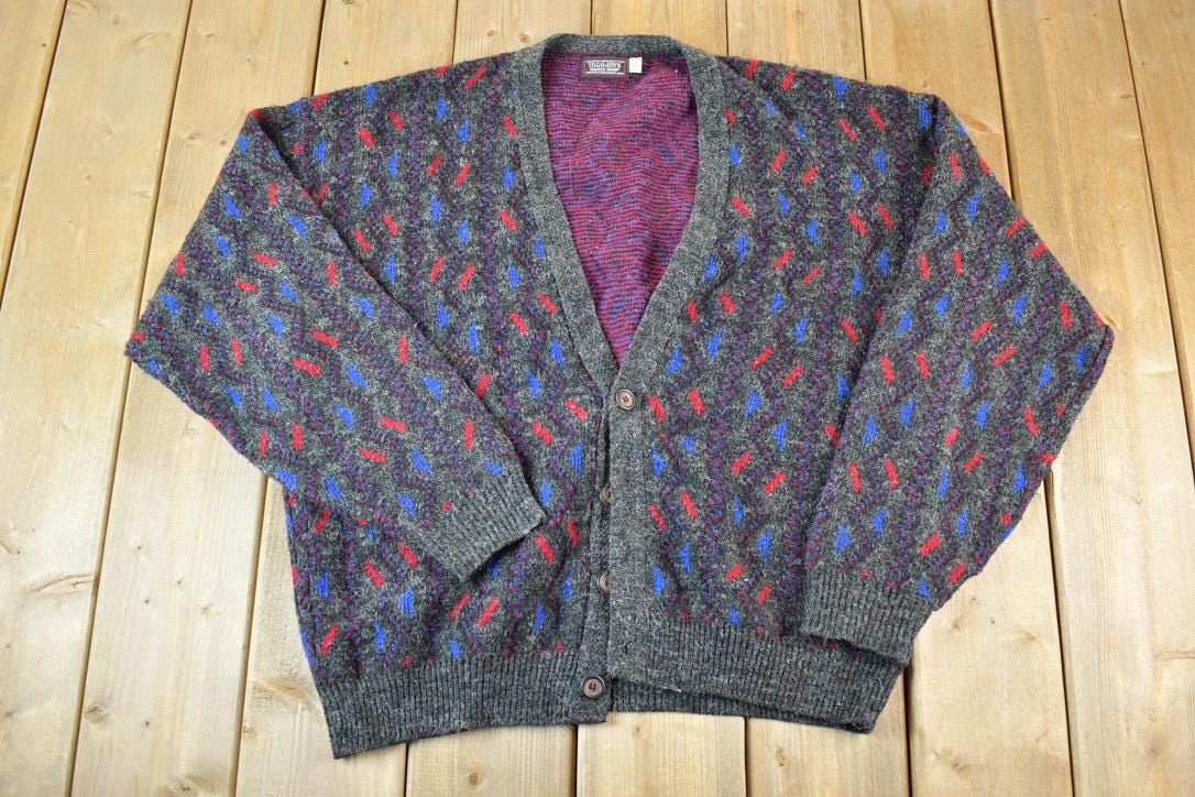 Vintage 1980s Ingrams Mens Shop Knit Abstracy Pattern Perfect Mild Distress Cardigan Sweater Made In USA