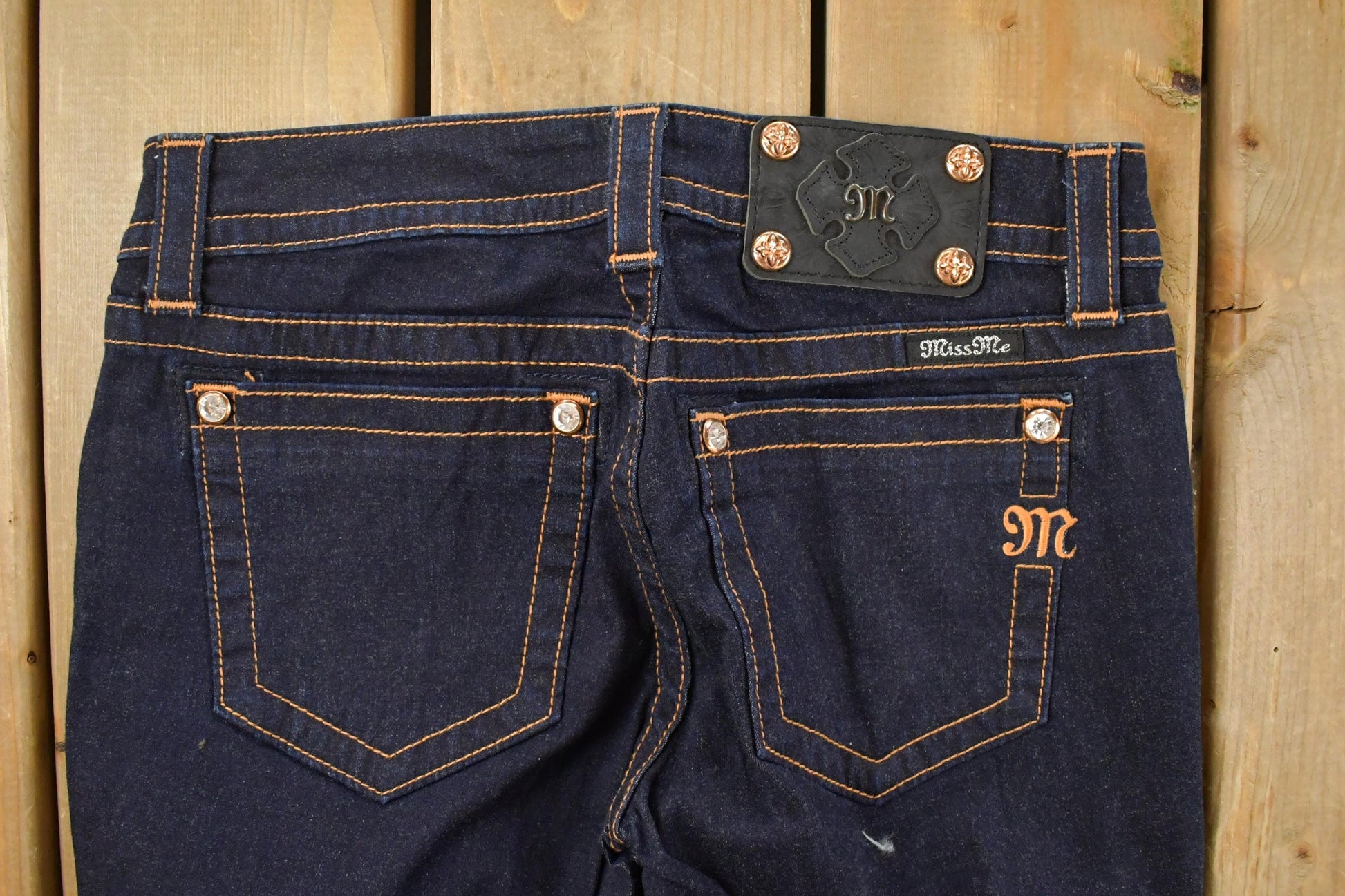 Vintage Deadstock Y2K Miss Me Bedazzled Low Rise Jeans Women's Size 26x31 / Boot Cut Jeans / 2000's Embroidered Contrast Stitched Denim