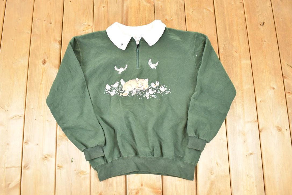 Vintage 1990s Morning Sun Sleeping Kitty Cat Quarter Zip Collared Crewneck Sweatshirt Women's L