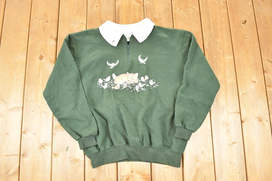 Vintage 1990s Morning Sun Sleeping Kitty Cat Quarter Zip Collared Crewneck Sweatshirt Women's L