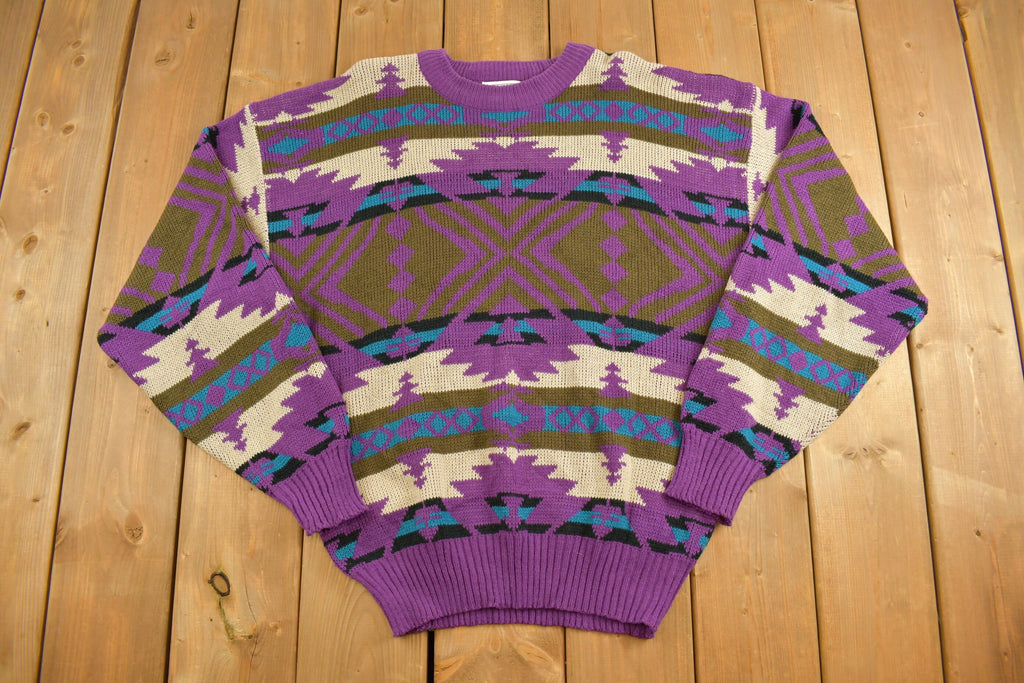 Vintage 1990s Trend Basics Knitted Chevron Geometric Crewneck Sweater  Vintage 90s Crewneck  All Over Pattern  Abstract Pattern