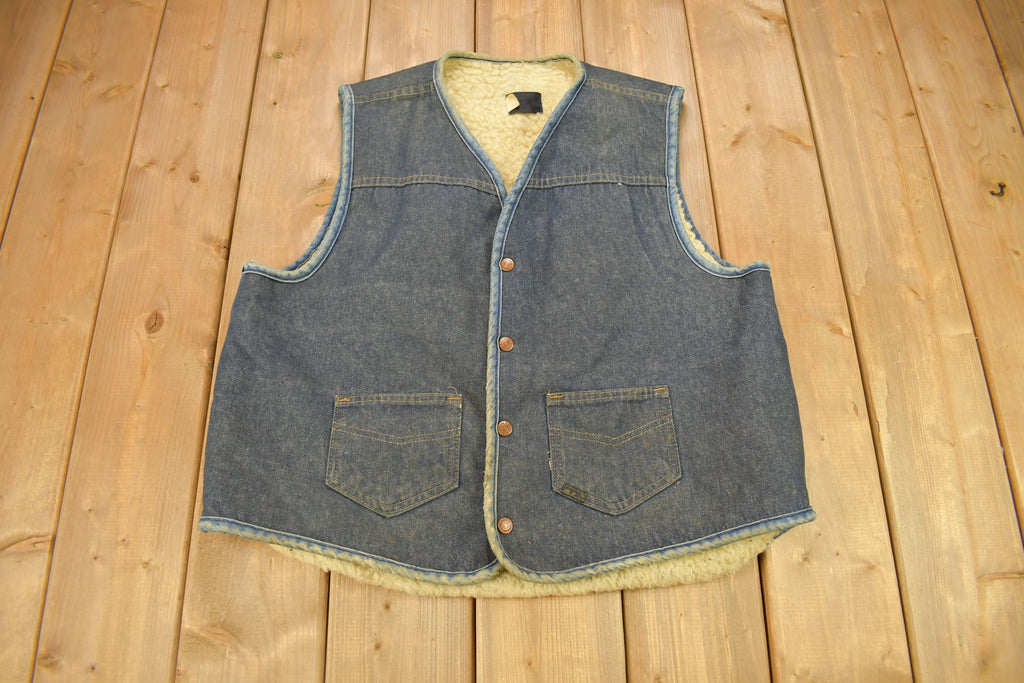 Vintage 1980s Roebucks By Sears Fleece Lined Denim Button Up Vest