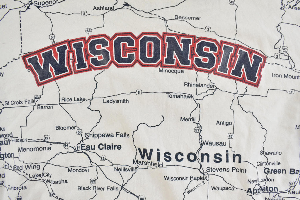Vintage 1990s Wisconsin All Over Print Map Souvenir T-Shirt