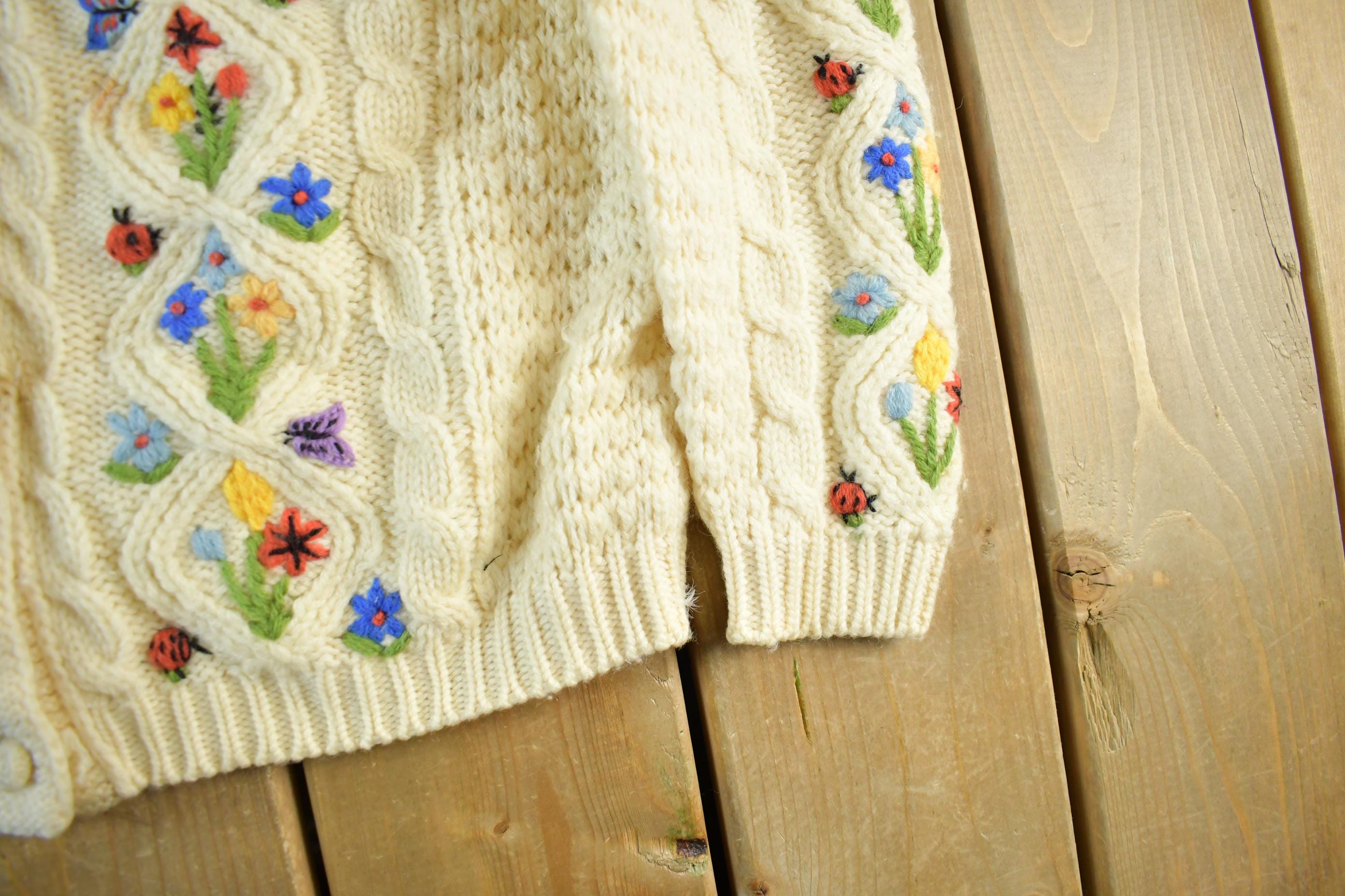 Vintage 1980s Floral Knit Cardigan Sweater Women's Medium