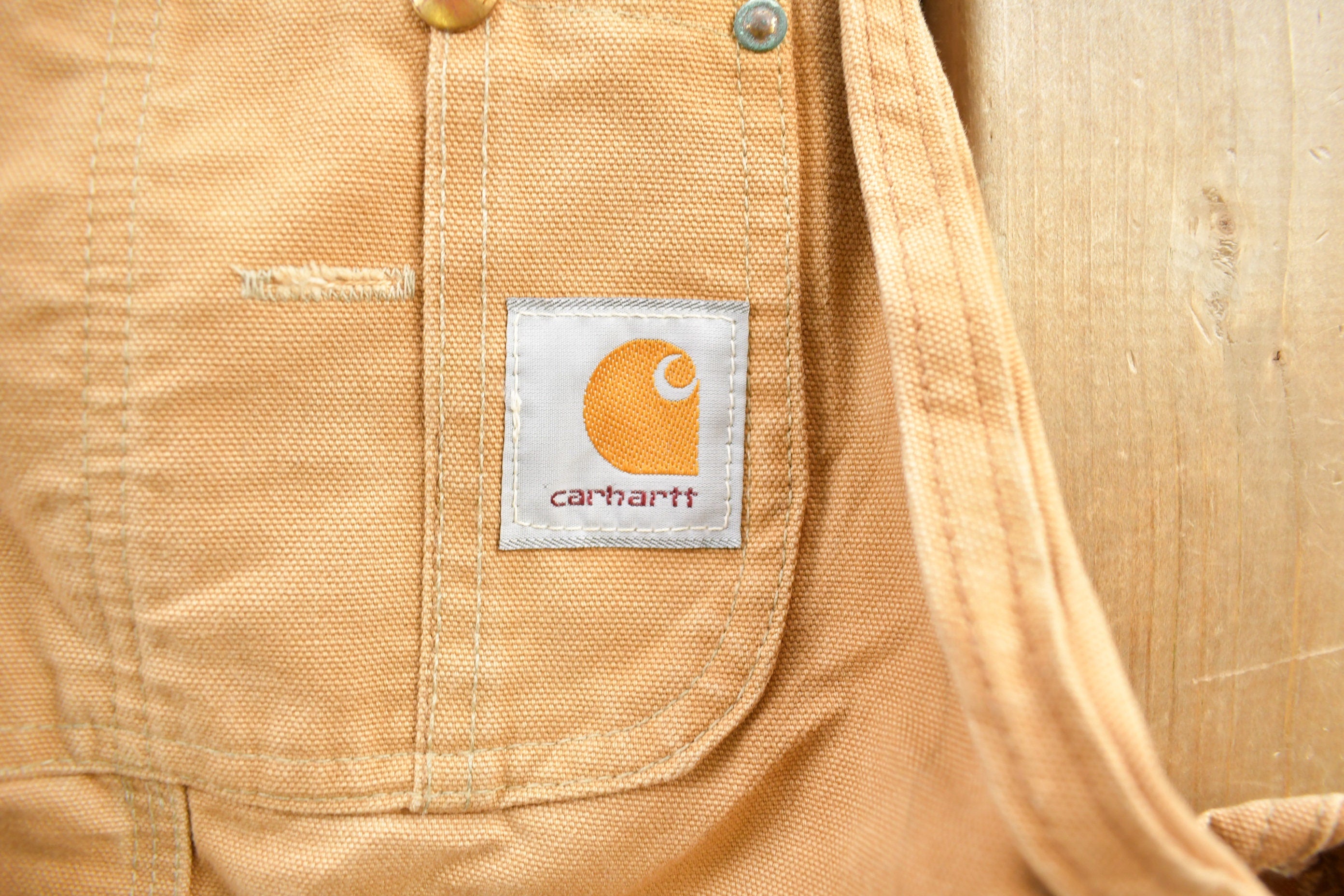 Vintage 1990s Beige Carhartt Double Knee Canvas Overalls Size 34x30