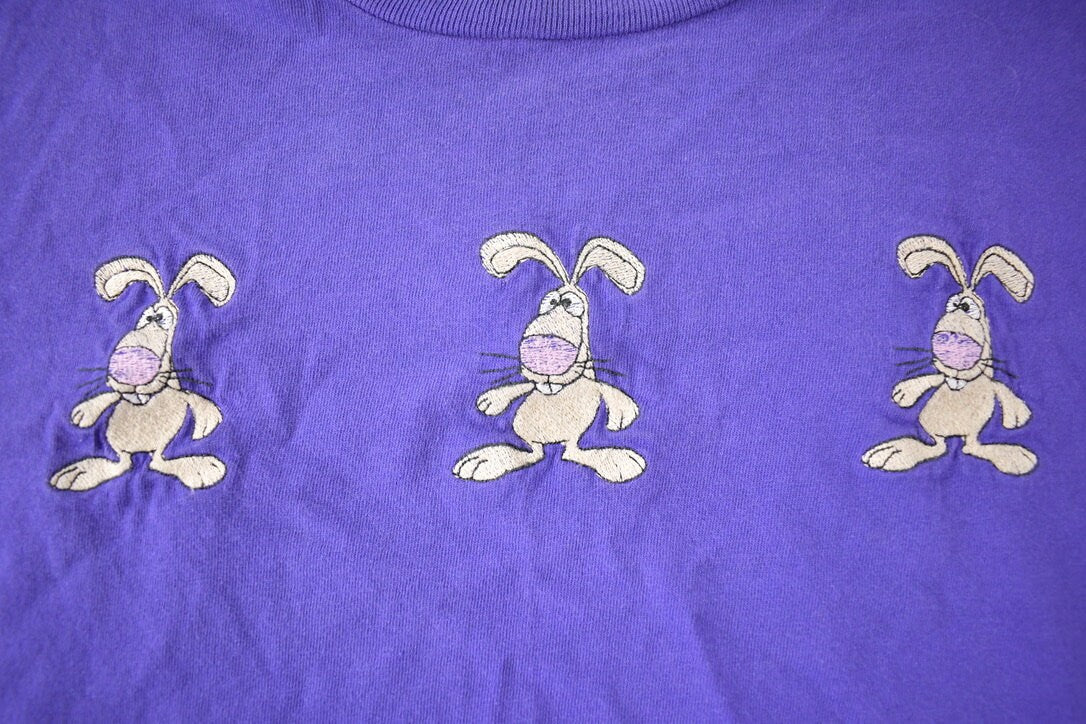 Vintage 1990s Cute Embroidered Rabbit Purple T-Shirt