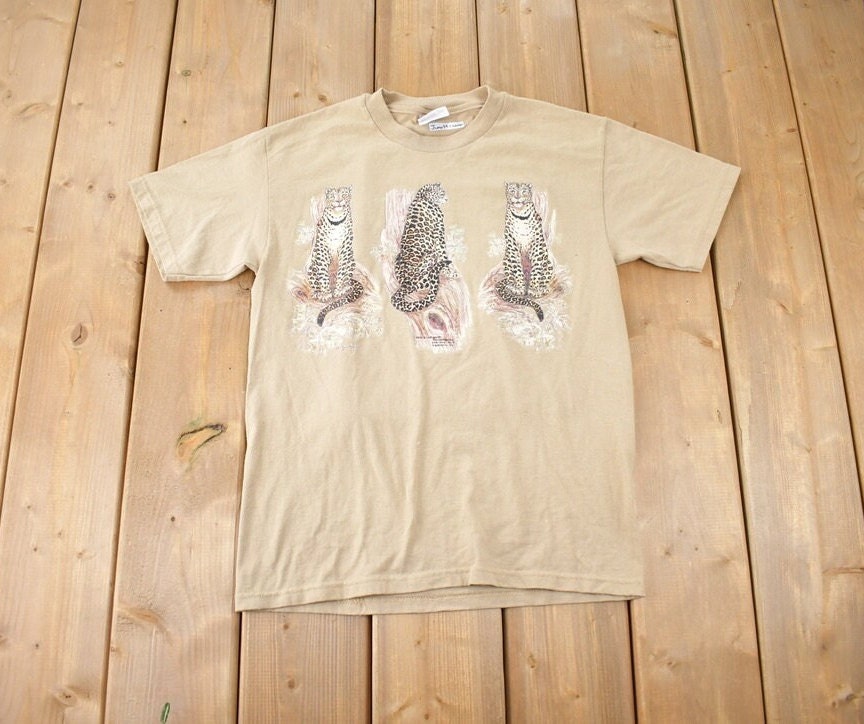 Vintage 1990s Hanes Cheetah Graphic Beige T-Shirt Made In USA Size S