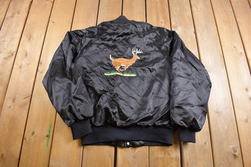 Vintage 1980s Deer Embroidered Satin Bomber Jacket