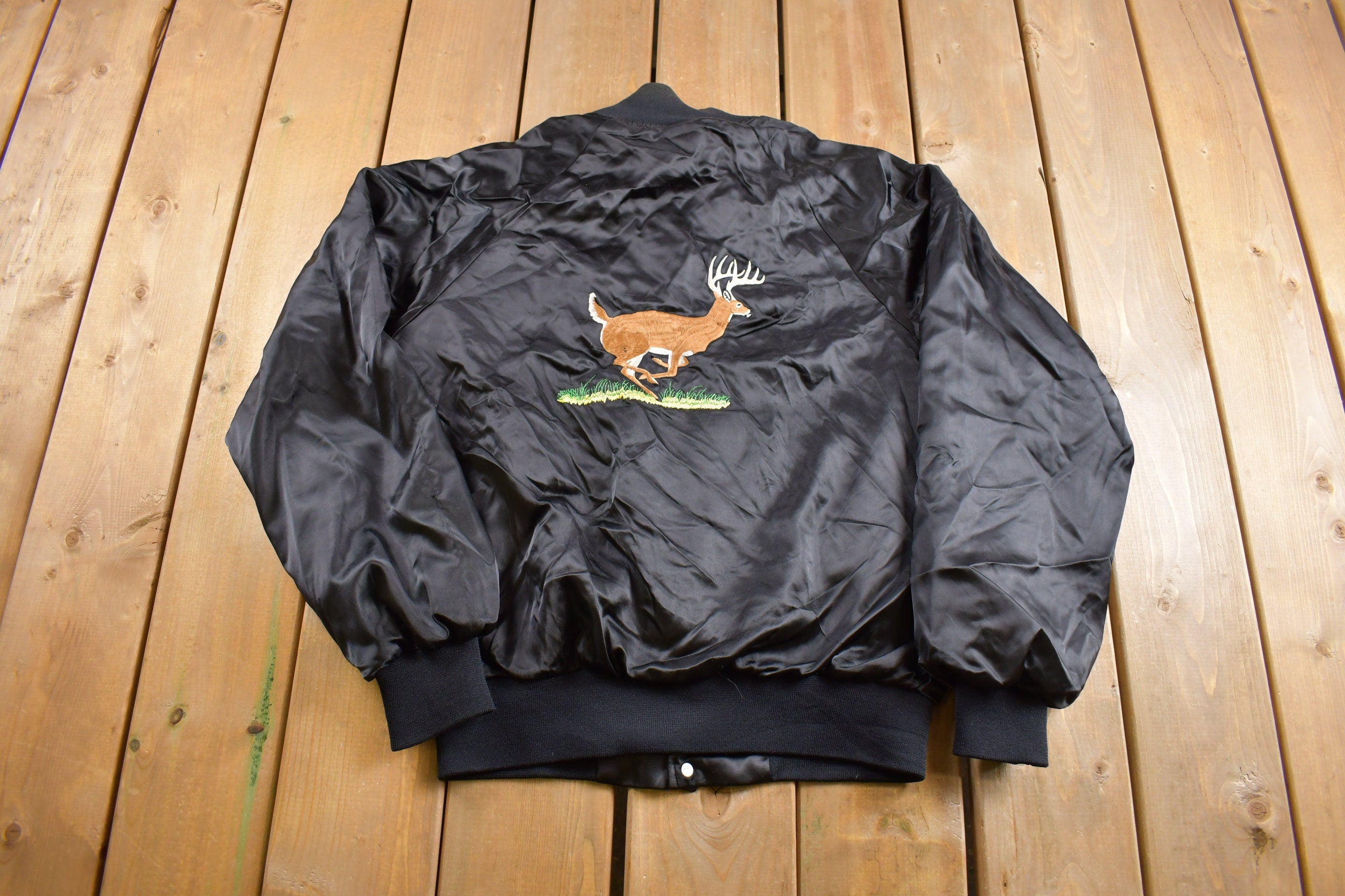 Vintage 1980s Deer Embroidered Satin Bomber Jacket