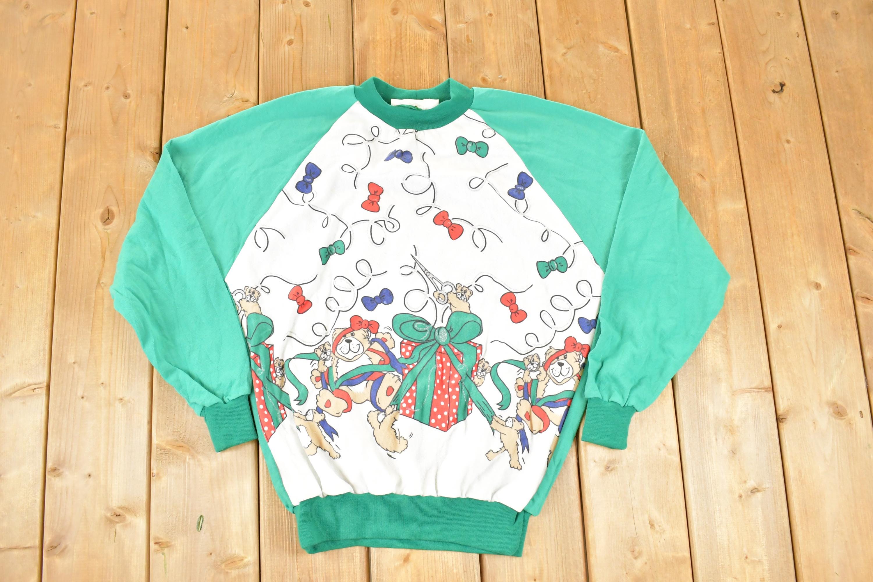 Vintage 1990s Cute Teddy Bear Christmas Colorblock Crewneck Sweatshirt Women's L