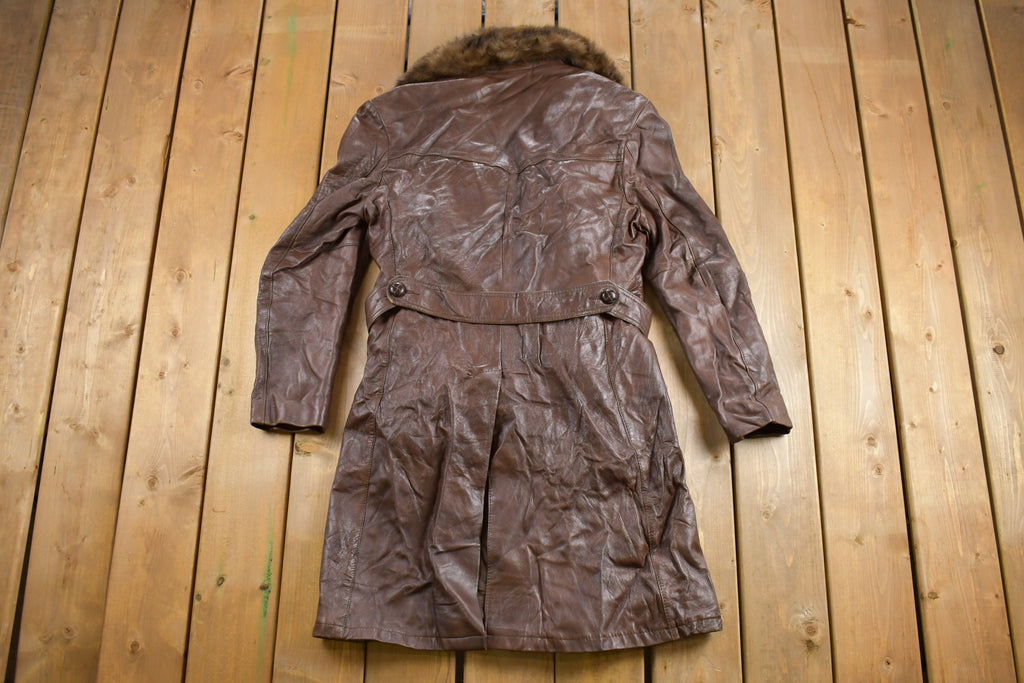Vintage 1980s Fur Collar Leather Full Length Coat