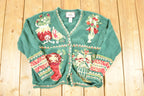 Vintage 1990s Tiara Petits AOP Abstract Holiday Chunky Knit Cardigan Sweater Mens L  Preppy Knit Cardigan