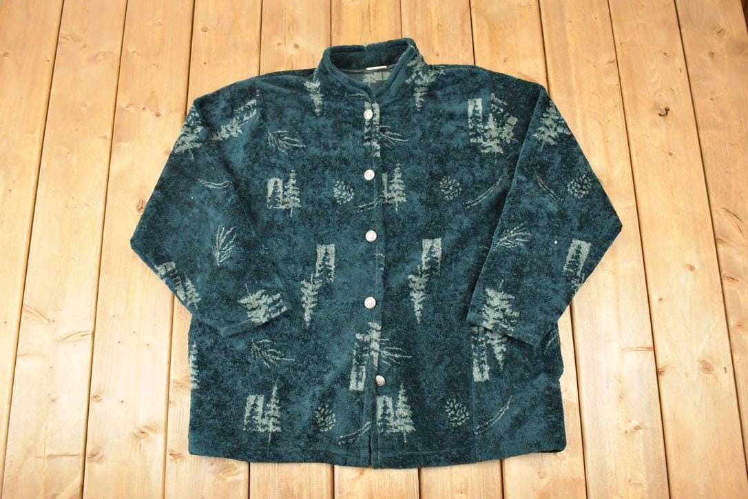Vintage 1990s Pine Tree AOP Fleece Outdoorsman Sweater Women's XL