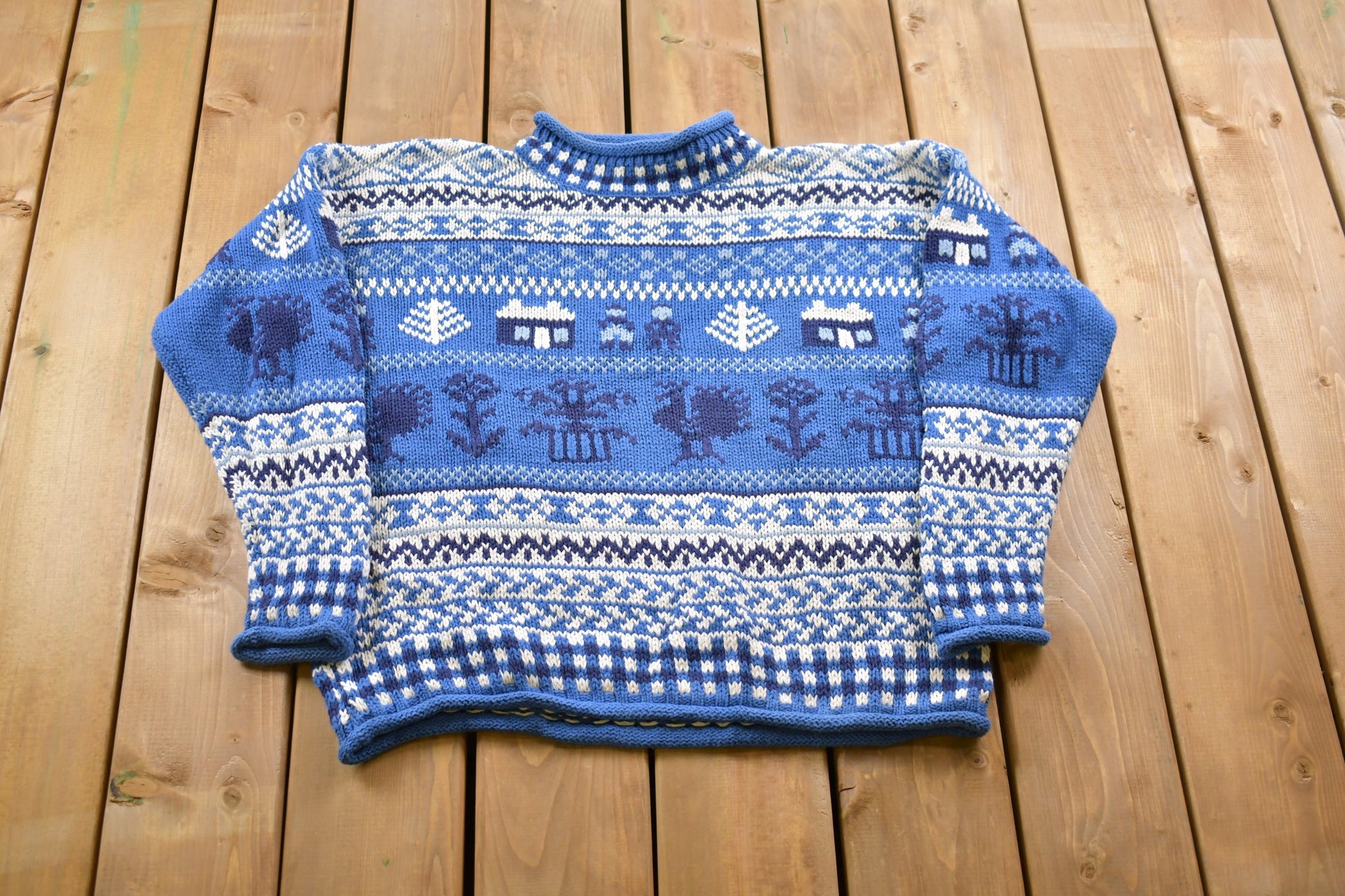 Vintage 1990s Eddie Bauer All Over Print Knitted Sweater / Vintage 90s Crewneck / Pattern Sweater / Hand Knit / Pullover Sweatshirt