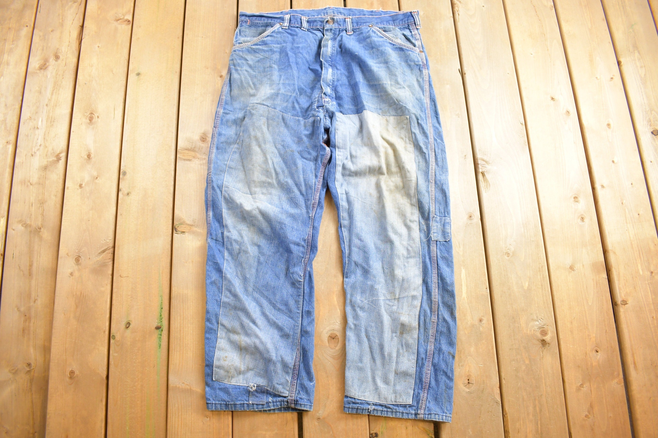 Vintage 1990s Wrangler Distressed Patchwork Denim Jeans Size 39 x 27 American Vintage