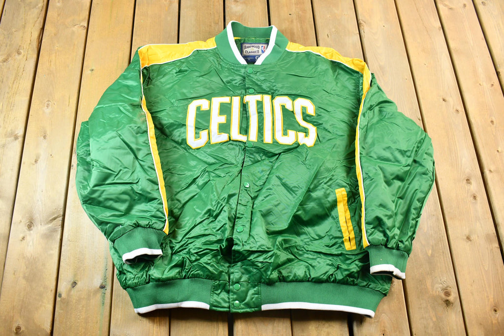 Vintage 1990s Hardwood Classics Boston Celtics NBA Basketball Embroidered Snap Button Satin Bomber Jacket
