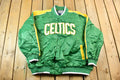 Vintage 1990s Hardwood Classics Boston Celtics NBA Basketball Embroidered Snap Button Satin Bomber Jacket