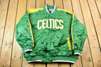 Vintage 1990s Hardwood Classics Boston Celtics NBA Basketball Embroidered Snap Button Satin Bomber Jacket