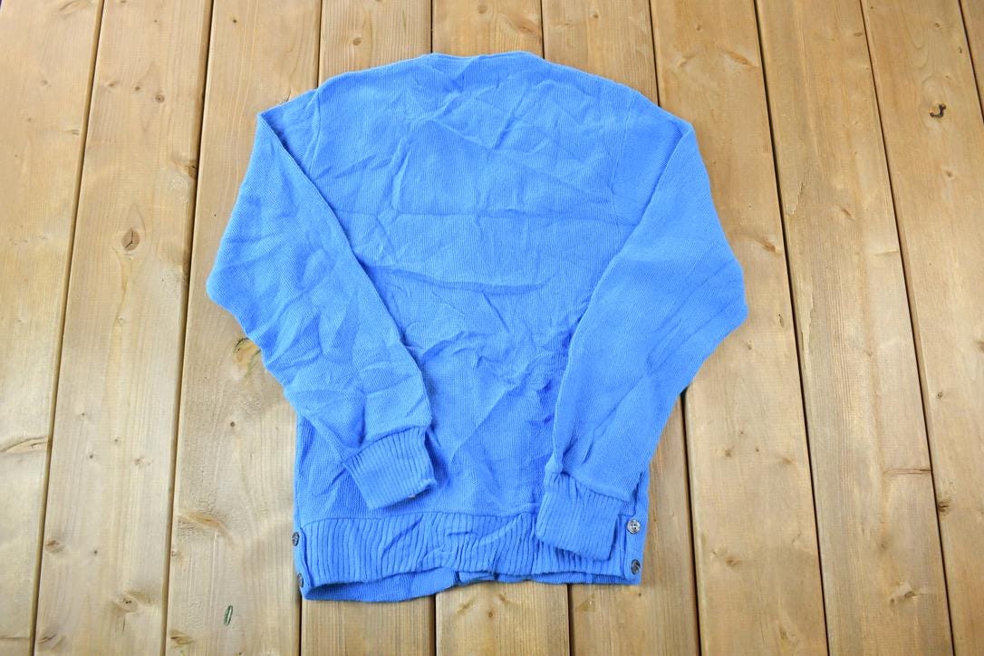 Vintage 1970s Blue Knit Perfect Mild Distress Cardigan Sweater Made In USA