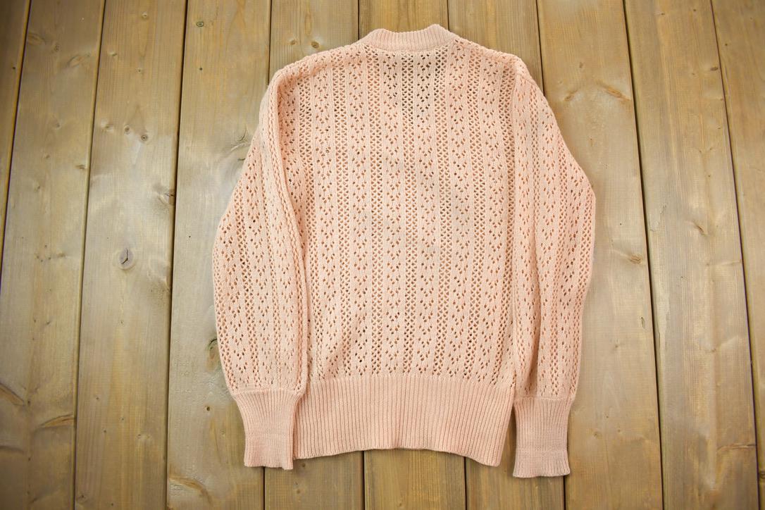 Vintage 1980s 3D Salmon Pink Cable Knit V-Neck Sweater
