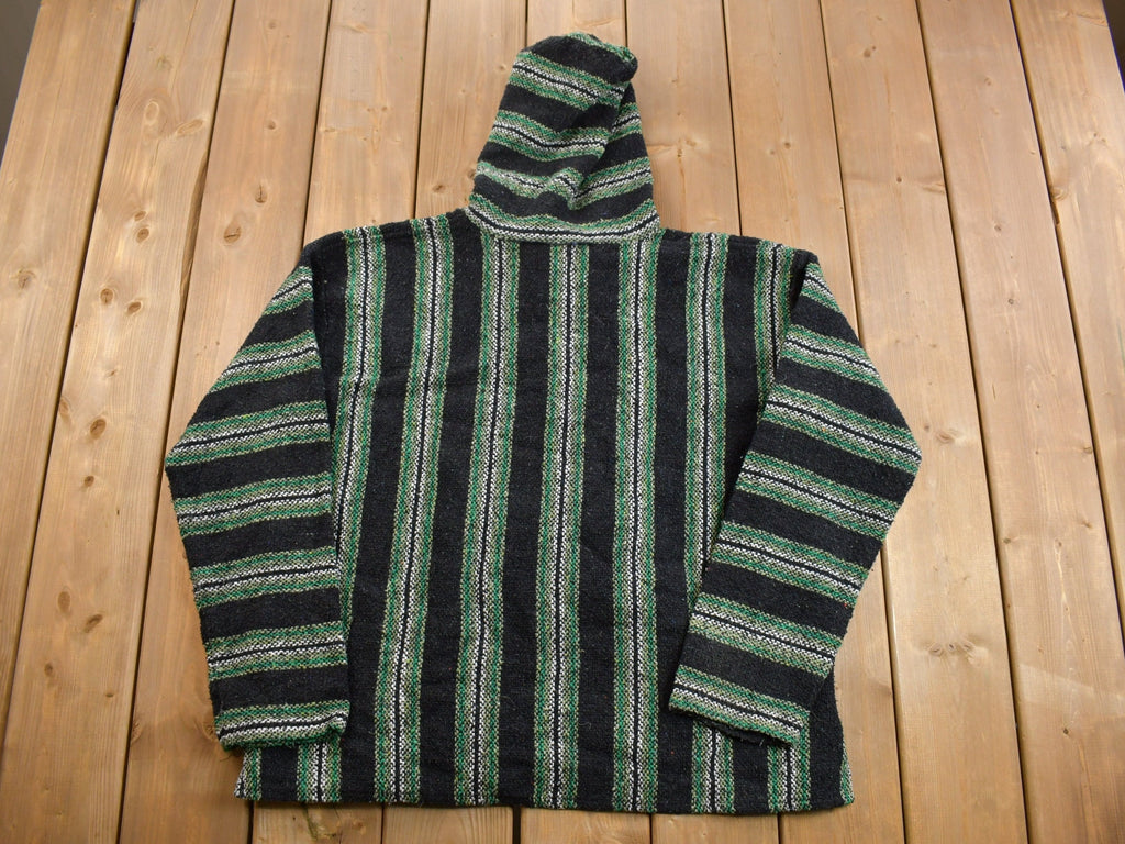 Vintage 1990s Hooded Pullover Striped Knit Poncho Blanket Hoodie