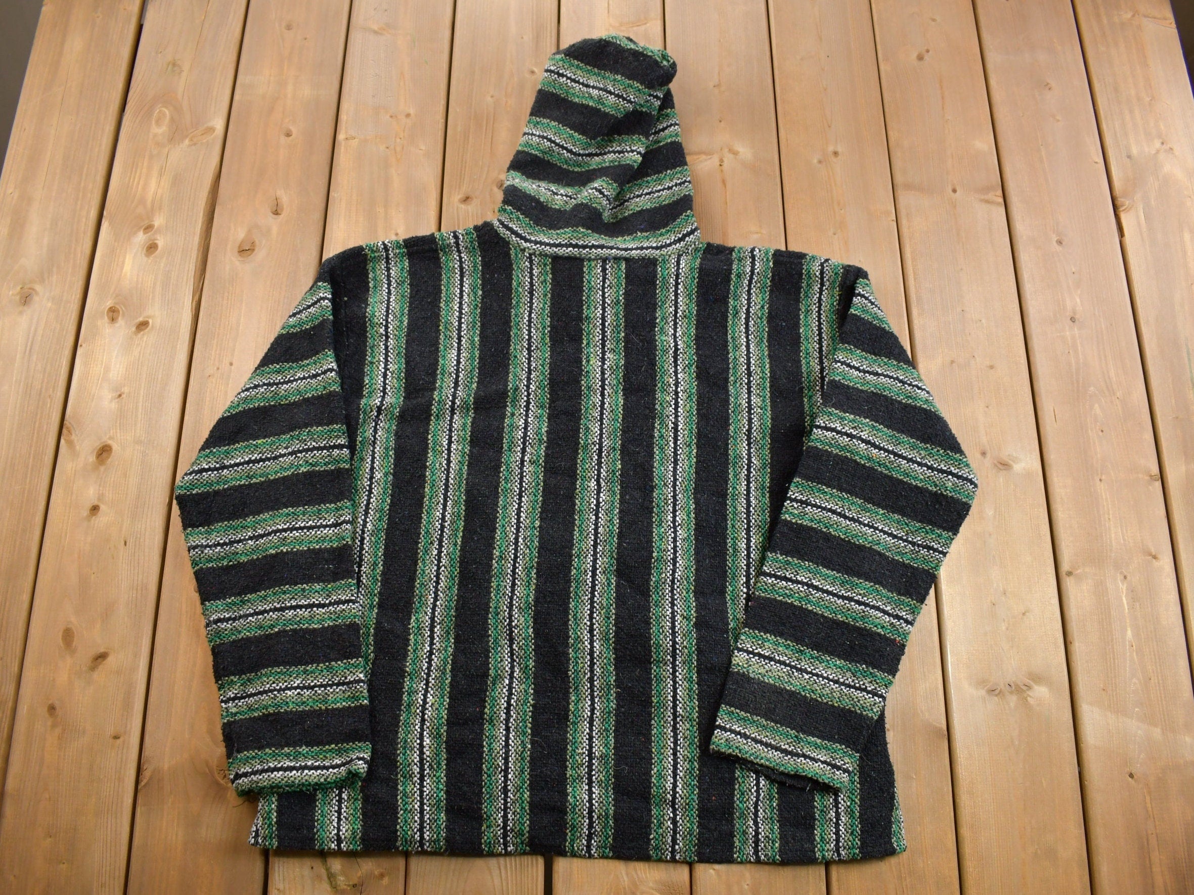 Vintage 1990s Hooded Pullover Striped Knit Poncho Blanket Hoodie