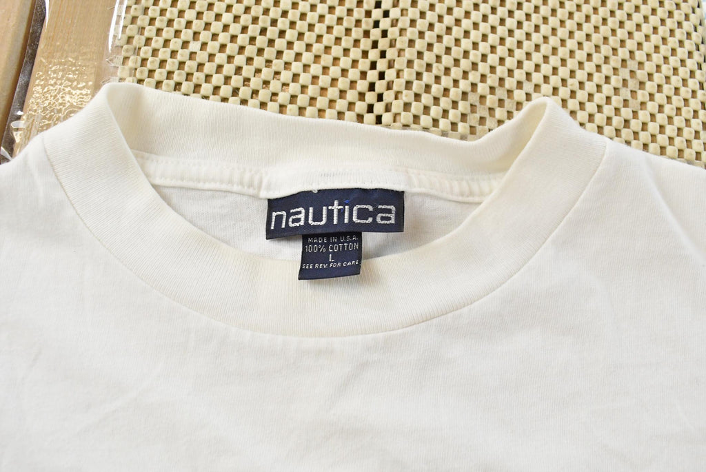 Vintage 1990s Nautica Rowing Oars Graphic T Shirt Men's L / Big Box Logo Print / 90s / Streetwear / Preppy / Made In USA / Single Stitch
