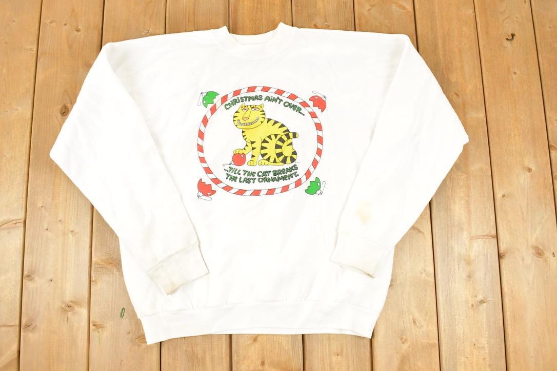 Vintage 1990s Bad Christmas Cat Crewneck Sweatshirt Men's L / Made In USA / 90s Xmas Crewneck / Vintage Cute Cartoon Holidays