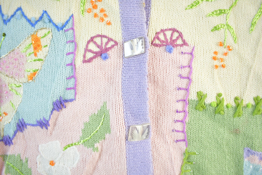 Vintage 90s Storybook Knits Embroidered Cardigan: Garden Grandma Sweater