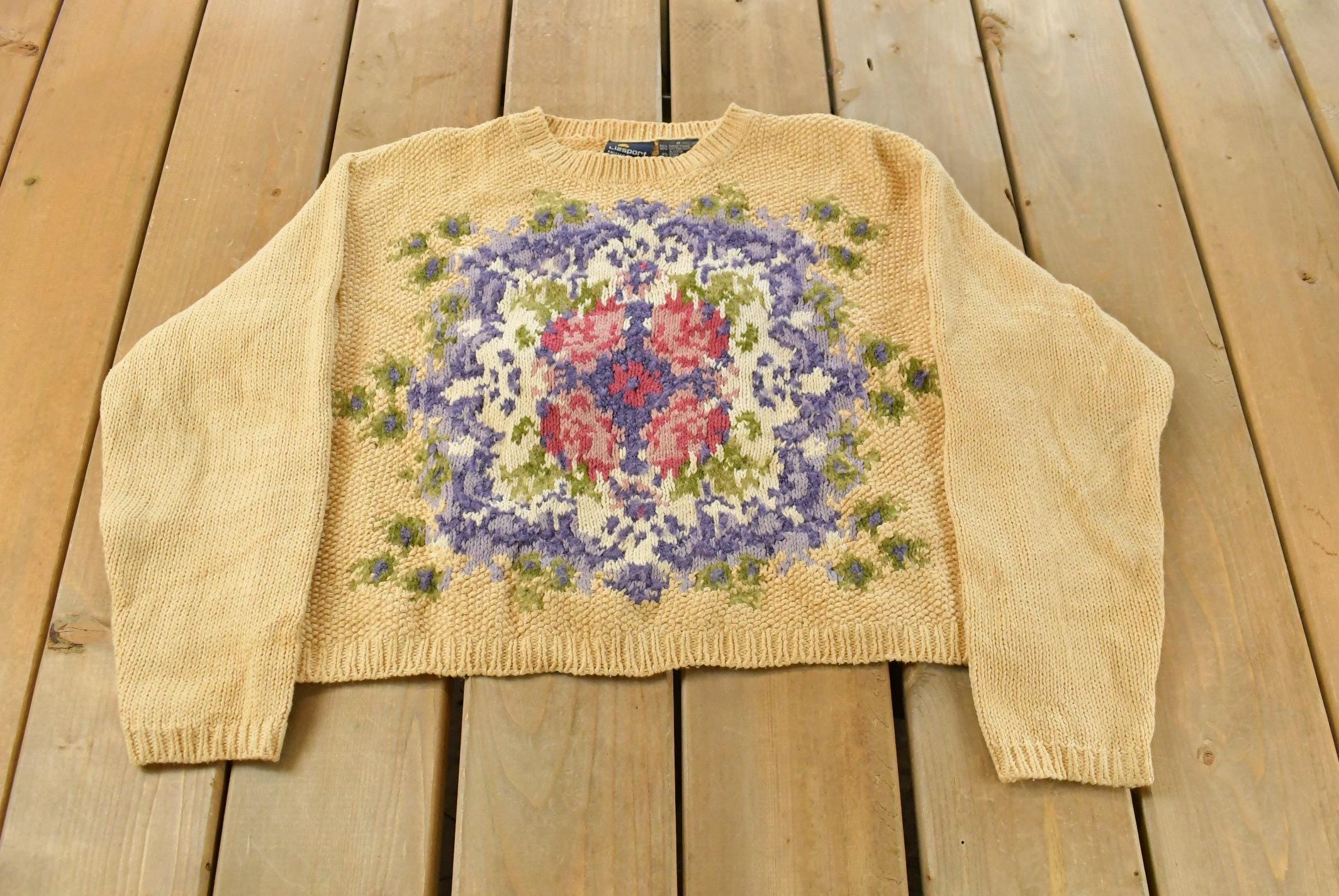 Vintage 1990s Liz Sport Hand Knit Floral Crewneck Sweater Women's M