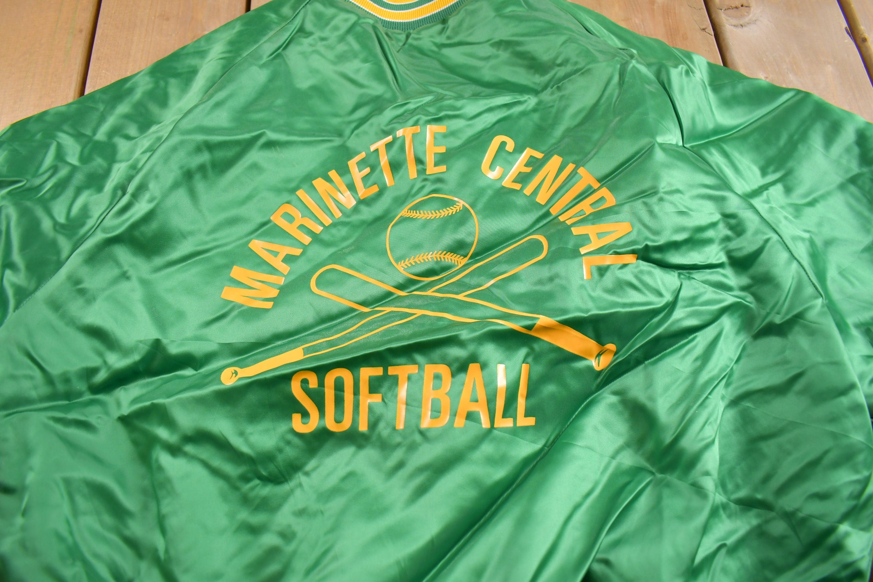 Vintage 1980s Marinette Central Softball Satin Bomber Jacket