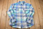 Vintage 1990s Blue Flannel Plaid Button Up Western Shirt