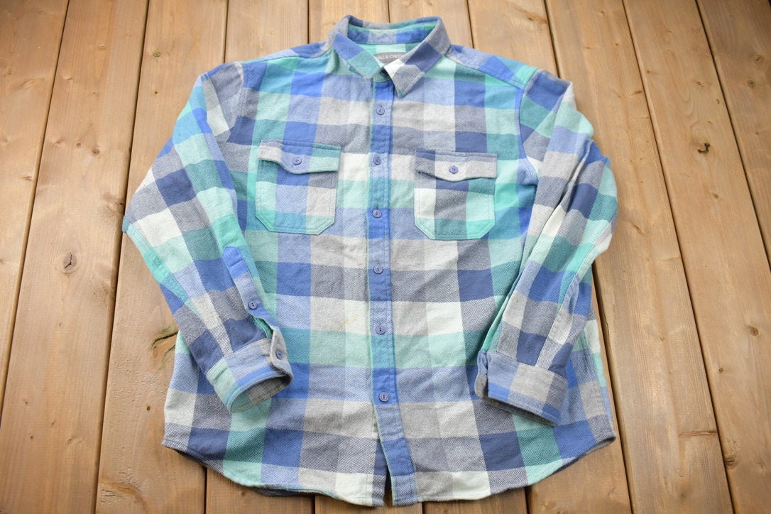 Vintage 1990s Blue Flannel Plaid Button Up Western Shirt