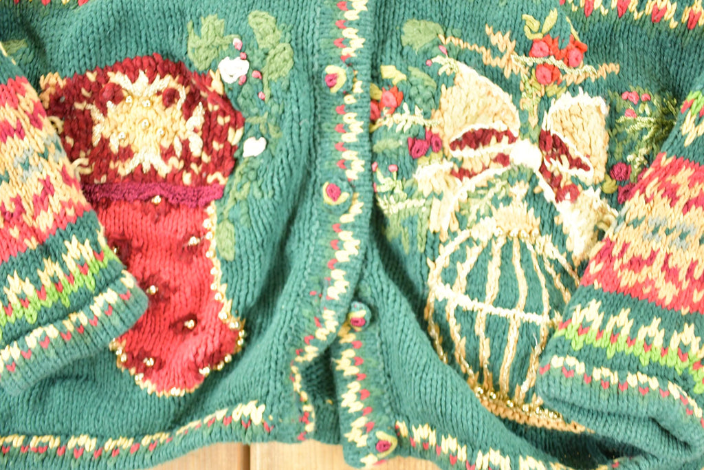 Vintage 1990s Tiara Petits AOP Abstract Holiday Chunky Knit Cardigan Sweater Mens L  Preppy Knit Cardigan